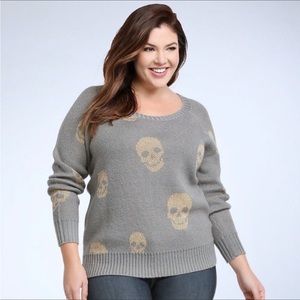 NWT! Torrid 3 Grey with Gold Skulls Lurex Raglan Pullover Sweater